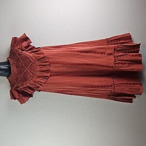 Anthropologie Othilia | Women's Burnt Rust Lesly Lace Ruffled Lined Dress Sz M